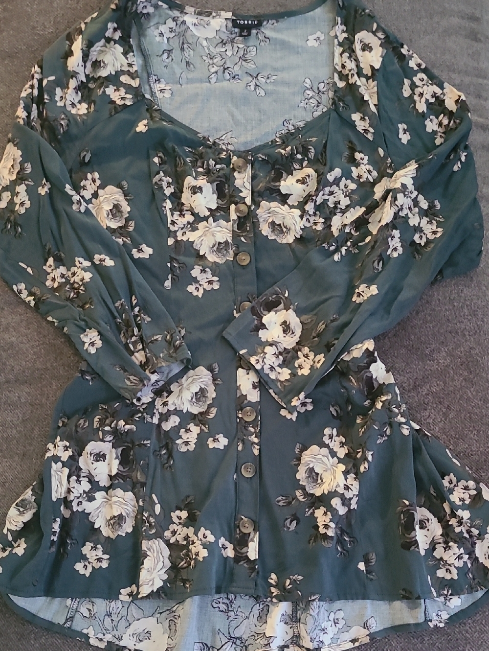 Teal Green With Black & Cream Floral Faux Button-Front Blouse
